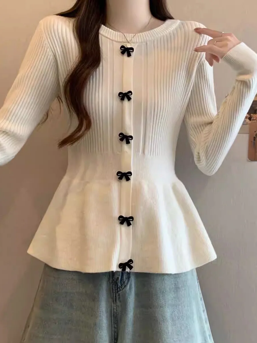 

Chic Knitted Long Sve Knot Top Women's Faionable Base Layer Puffy irt Commute Sle Mid-Length Regular Fit