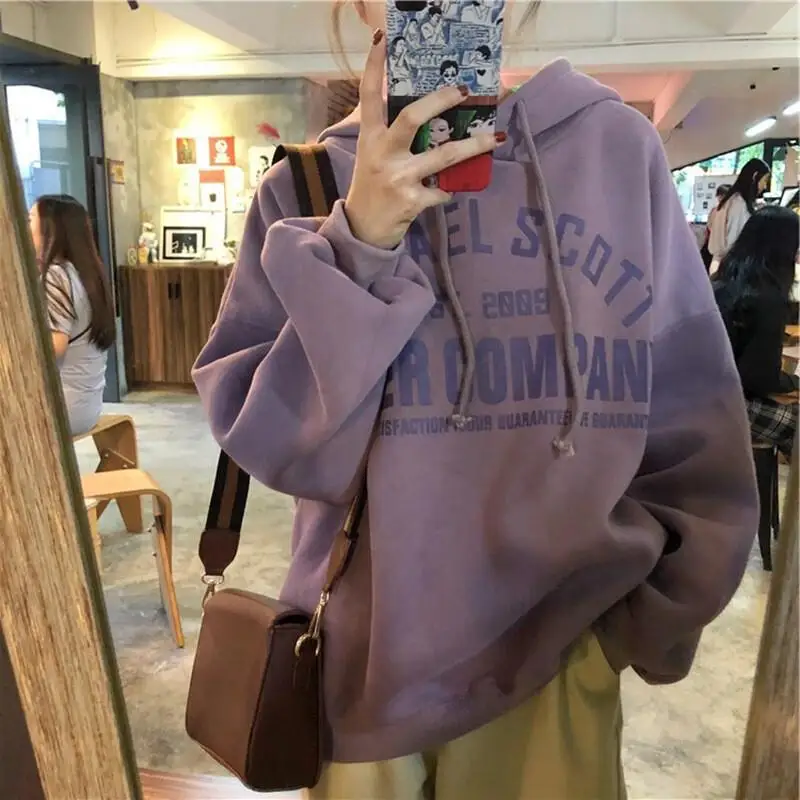 

Fleece Hooded Sweatshirt Women Autumn Winter New Korean Loose Oversize Letter Print Student Tops Jacket Trendy Cute Kawaii