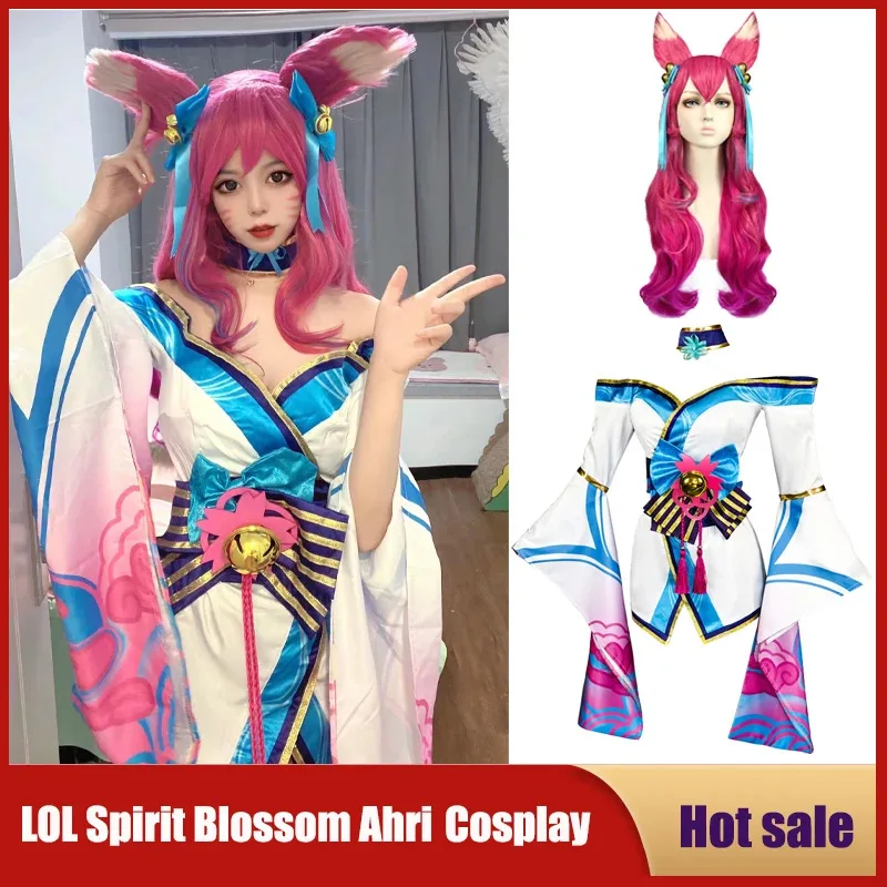 Ahri Cosplay disfraz Anime juego LOL Spirit Blossom vestido para mujer chica peluca fiesta de Halloween Sexy Kimono Suitv;6'h,8;r.