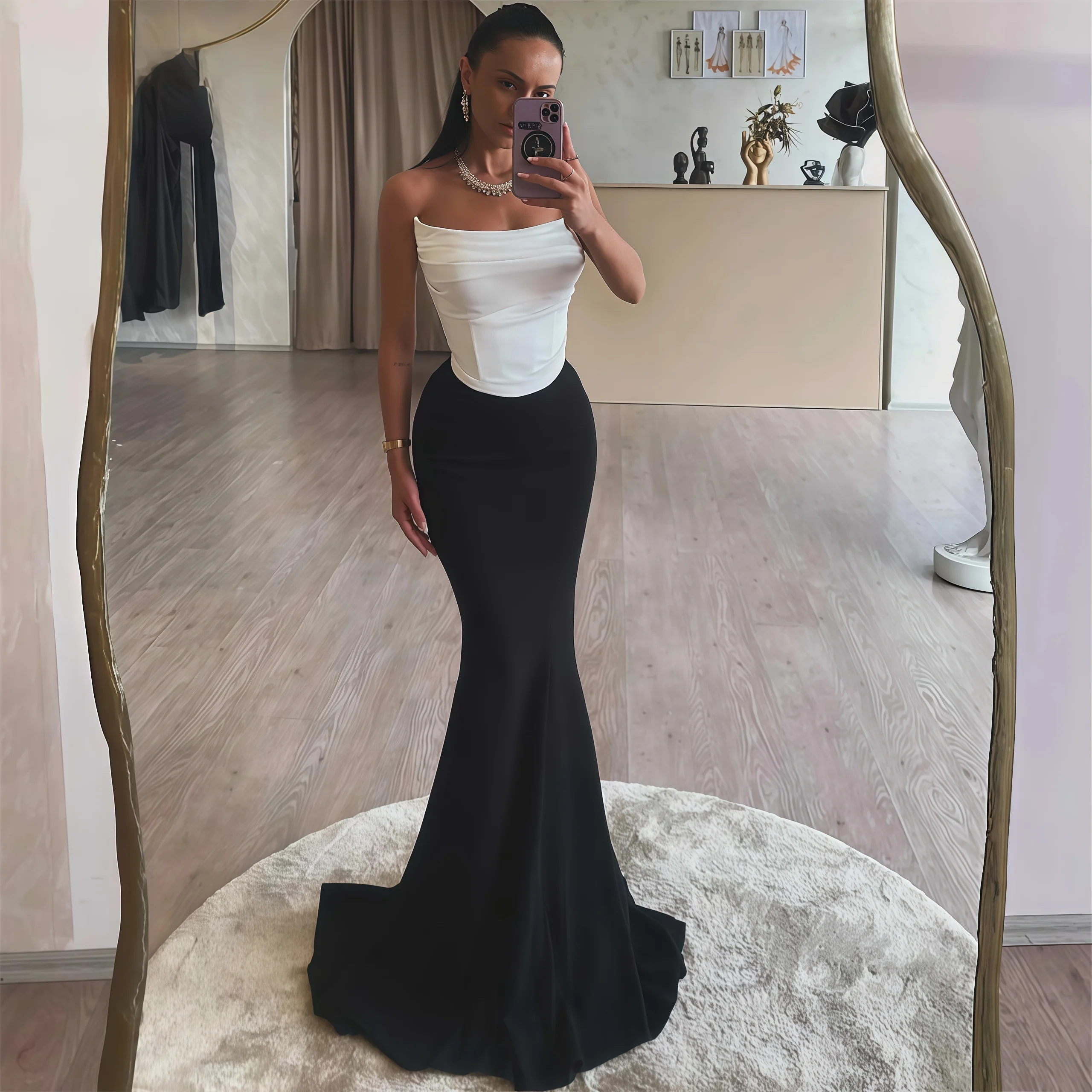 

2025 Simple Black Evening Dress Boat Neckline Pleated Satin Mermaid Strapless Sleeveless Formal Occasion Prom Dress New