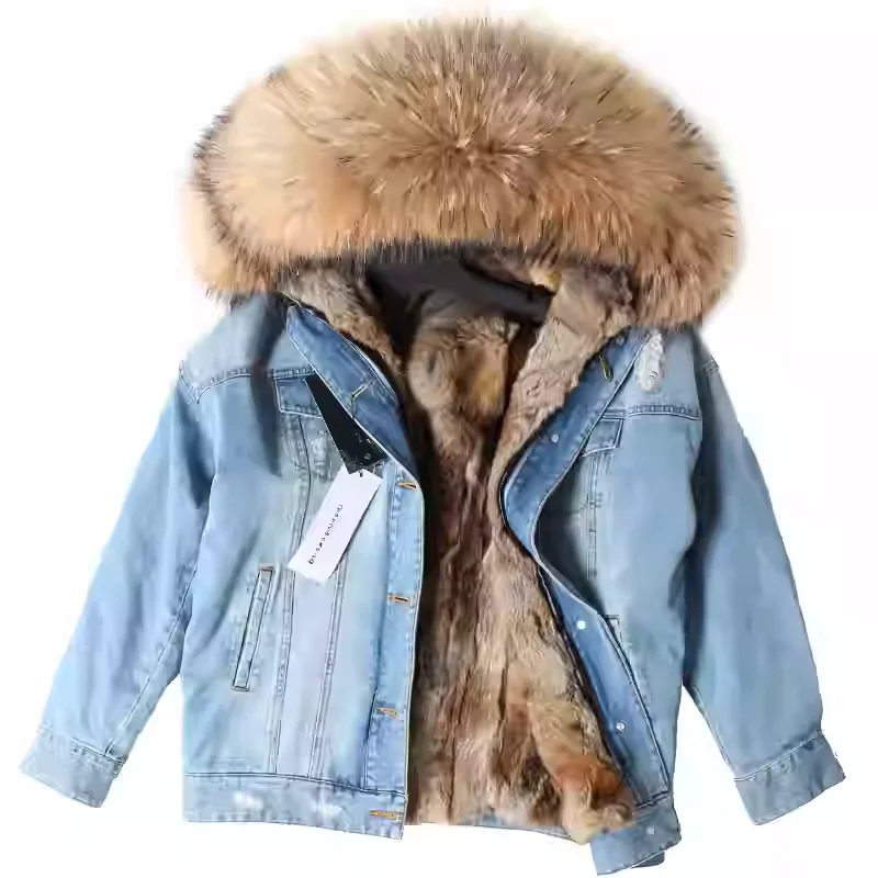 Maomaokong Denim Jas Parka Winter Vrouwen Parka Real Bontkraag Jas Natuurlijke Wasbeer Bont Kap Real Konijnenbont Voering Luxe