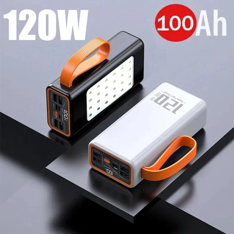 100000mAh High Capacity New Power Bank 120W Fast Charger Power Bank for Xiaomi IPhone Laptop Battery with LED Flashlight Camping