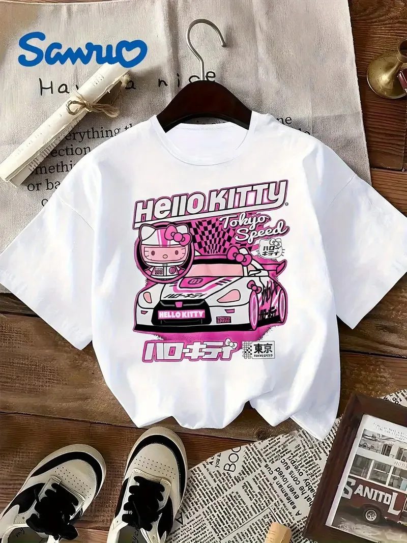 

Хлопковая футболка Sanrio Hello Kitty Tokyo Speed Racing Kitty с принтом автомобиля, крутой гоночный дизайн, чистый хлопок для фанатов, футболка S-4XL