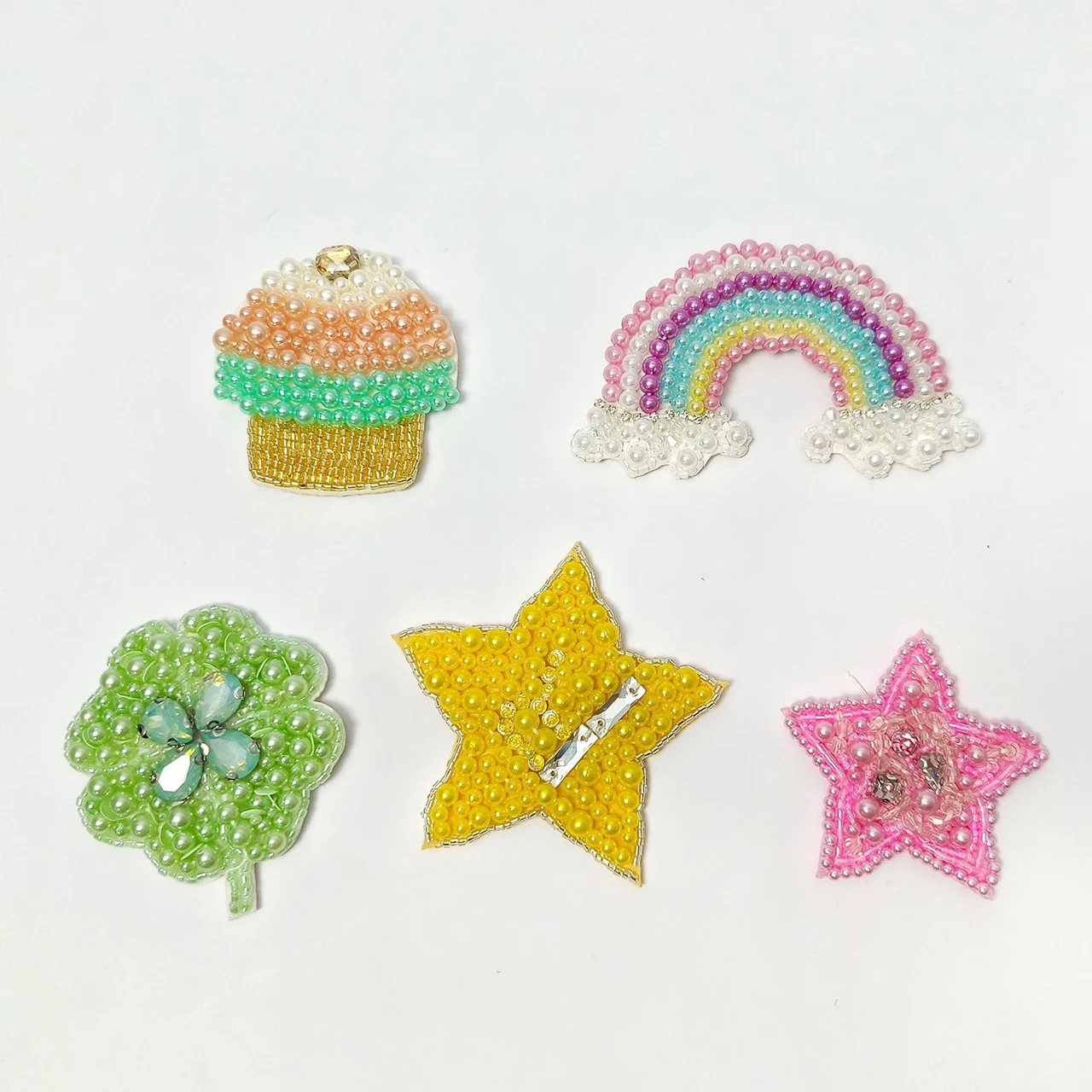 1 Piece 3.5*10 cm Exquisite Beaded Sew on Patch for Clothes Cartoon Pentagram Moon Candy Rainbow Lollipop Clover DIY Decoration