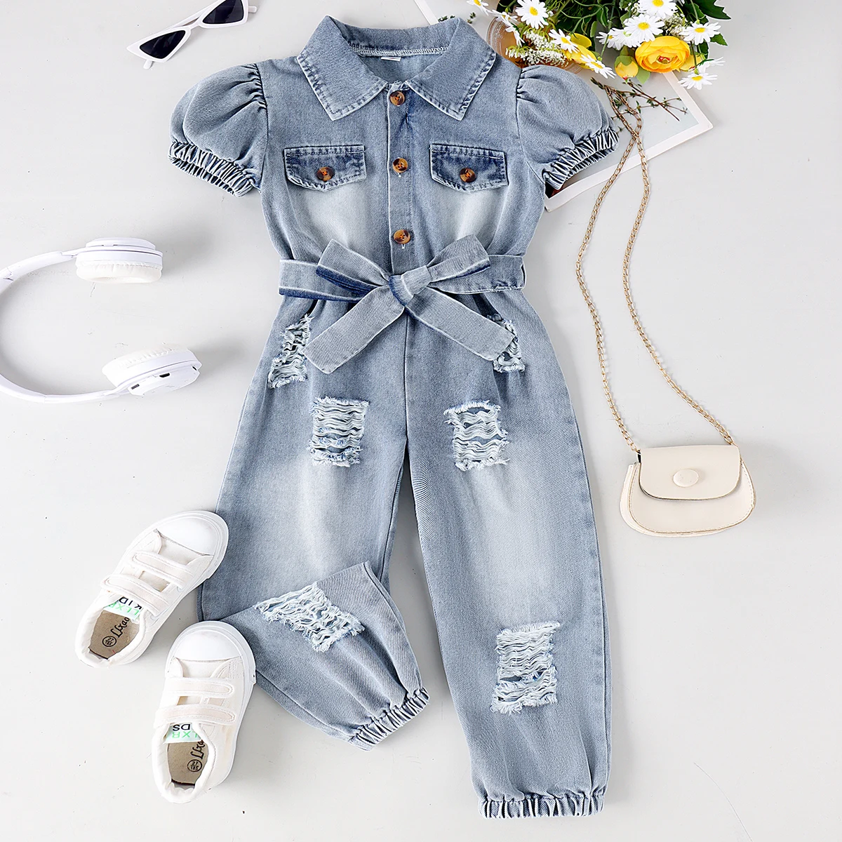 2PCS Summer New Style For 4-7 Years Old Girl And Baby Fashionable And Personalized Hole Denim Short-Sleeved One-Piece Leg Pants