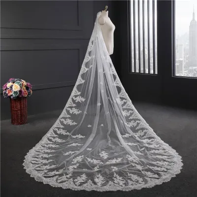 Luxo longo véu de noiva branco marfim véus de casamento com pente borda do laço applique elegante catedral comprimento 1 t