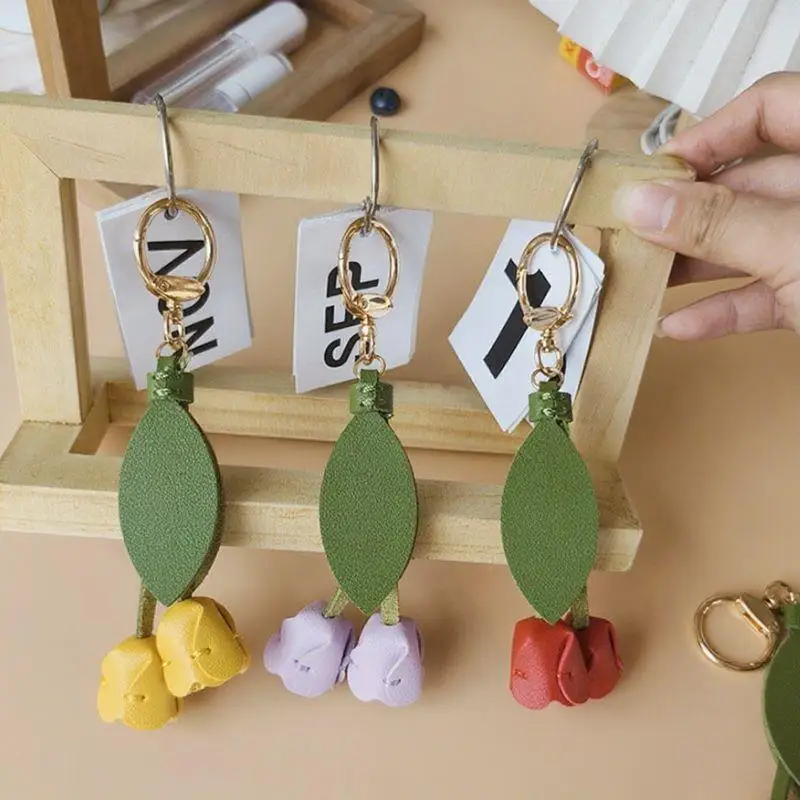

2025 Leather Flower Shaped Bag Charm Genuine Leather Rope Women's Tulip Cactus Bag Pendant Car Keychain Hand Rope Accessories