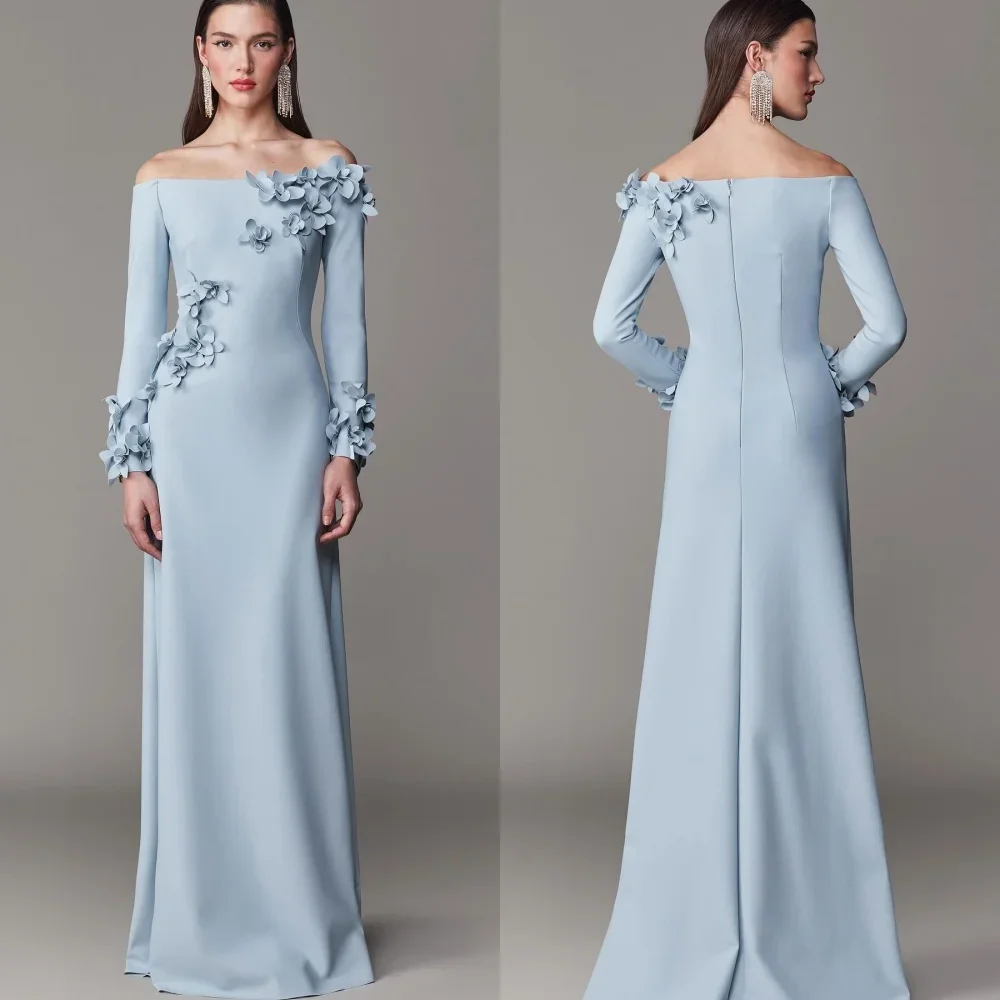 Blue 3D Flowers Evening Dresses Fashion Strapless Long Sleeves Straight Prom Gowns Elegant Floor Length Wedding Party Dresses