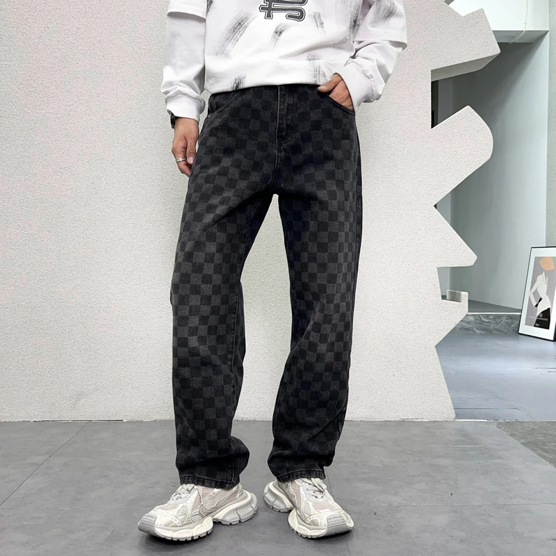 

American Retro Plaid Printed Men's Wide Leg Jeans Full Length Straight Leg Baggy Designer Denim Jeans