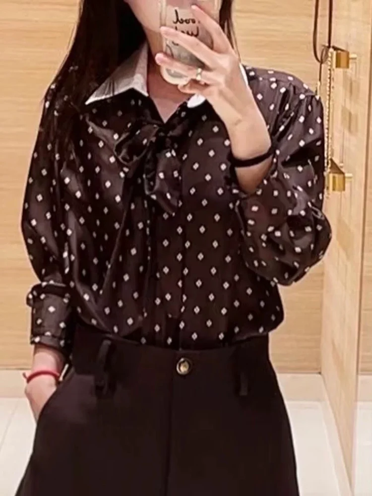 

M Home Early Autumn 2025 Retro Polka Dot Print Long Sve irt Stand Collar Color Blo Women's Faion Casual Polyester Fiber