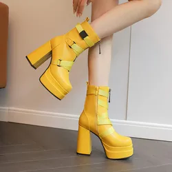 Jesień Punk Western Style Cross Belts Ankle Boots Ladies 12cm High Heels Platform Party Shoes for Women Black Blue Yellow 2024