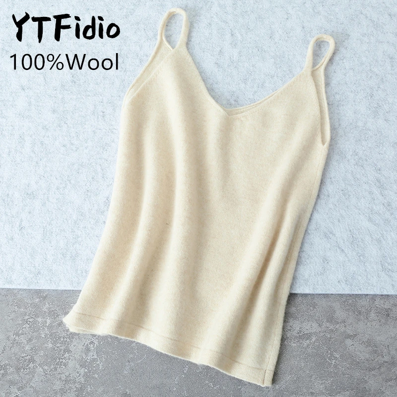 YTFidio 100% Wool Women Vest Tops Office Lady Solid V-neck Warm Soft Vest Girls Tank Inner Wear Streetwear Top Winter Autumn 166