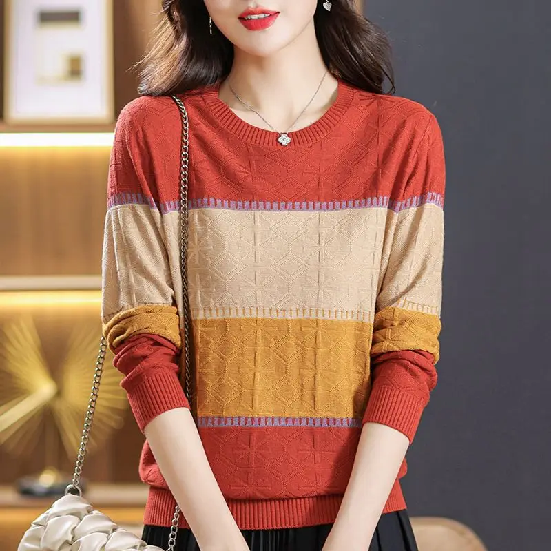 

Spring Autumn Women's 2024 New Splicing Pullover O-Neck Fashion Contrast Color Loose Minimalist Casual Long Sleeve Knitted Top