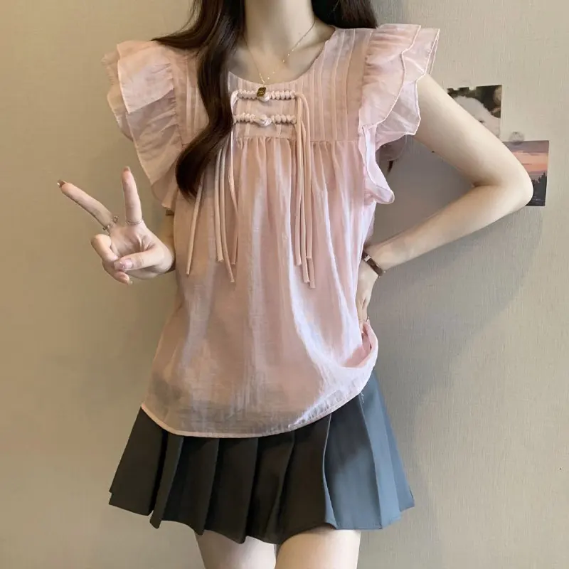 Sweet Flying Sleeve Shirt Stylish Chinese Disc Buckle Folds Female Clothing Casual O-Neck 2024 Summer Basic Loose Vintage Blouse