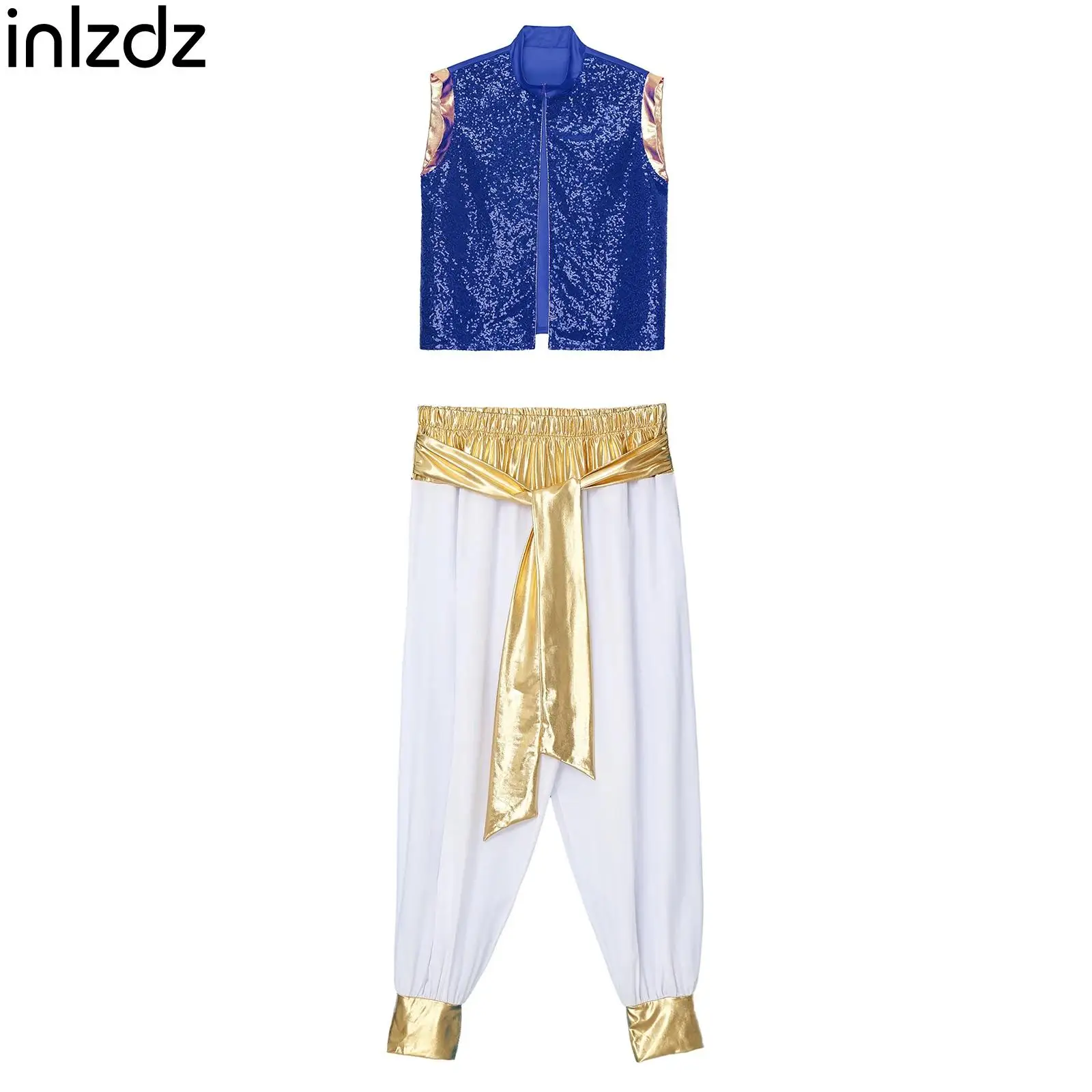 

Arabian Costume Men Arabian Prince Cosplay Dress Up Sequin Open Front Vest Pants Suit for Halloween Theme Party Carnival Stage