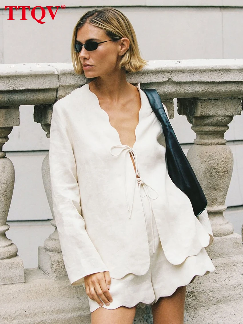 

TTQV Fashion Loose White Cotton 2 Piece Set Women 2026 Sexy Long Sleeve Shirt With High Waist Shorts Set Female Clothing