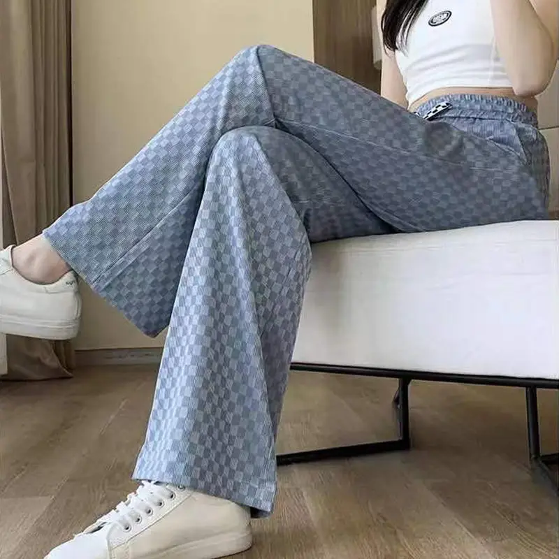 Summer Women\'s Plaid Checked Pants 2024 Fashion Ice Silk Trousers for Women High Waist Korean Style Wide Leg Palazzo Straight