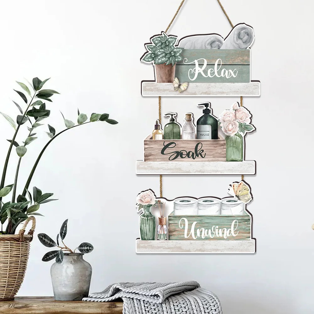 

Wooden Bathroom Wall Decor - Rustic Listing Plaque with Hanging Rope, Natural Farmhouse Sign for Toilet & Powder Room