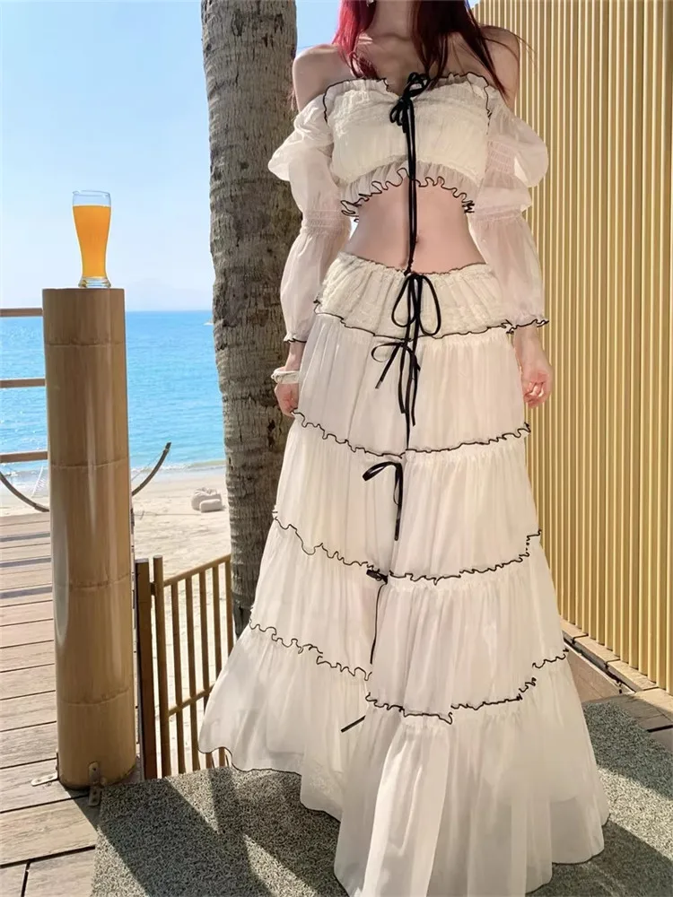 

Holiday Beach Fairy Two Pieces Dress Sets Women Summer 2pc Strapless Slash Neck Bow Short Shirt Top&High Waist Long Skirt Suits