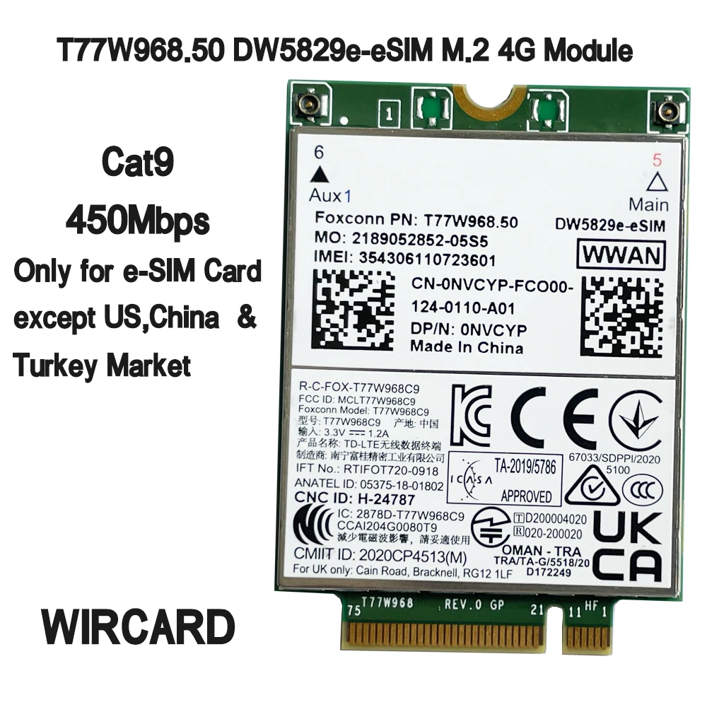 T77W968.50 DW5829e-eSIM DW5829e X20 LTE Cat9 450Mbps FDD-LTE TDD-LTE 4G Moduł do laptopa Dell 7320 7330 7520 7530 7430