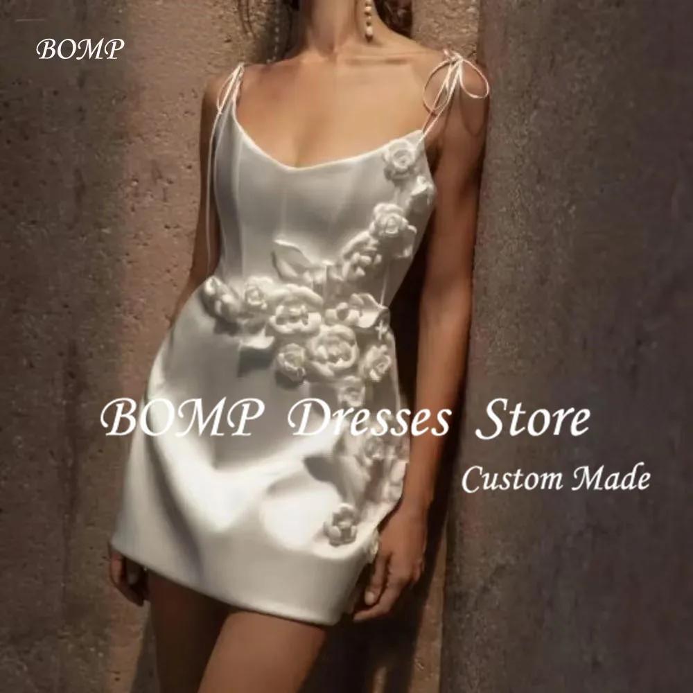 BOMP Customized Spaghetti Straps Short Mini A Line Wedding Second Dress 3D Flowers Satin Backless Sleeveless Bridal Gown 2025