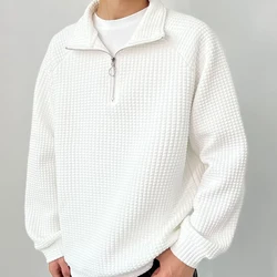 Waffle Plaid Long Sleeve Men Polo Half Zip Sweatshirts Fall Korean Fashion Harajuku Casual Loose Oversized Clothing Black White
