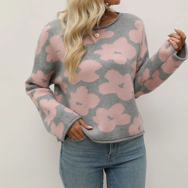 

Autumn Winter Sweaters for Women Clothes Fashion Knit Long Sleeve Tops Soft and Comfort Loungewear Flower Print Woman Pullovers