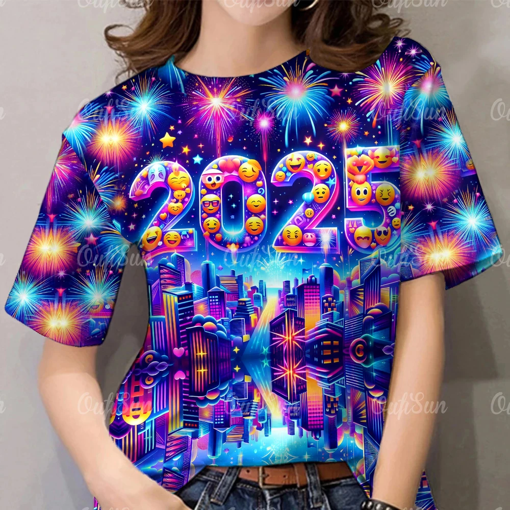 2025 New Year Women's T-Shirt Fashions Round Neck Short Sleeve Clothing For Woman Summer Colorful Casual Tops Casual Pullover