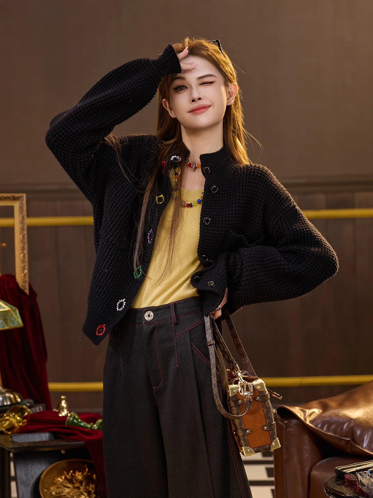 

TUNT Autumn Winter Rainbow Candy Button Loose Lazy Feel Lantern Sve Sweater Women's Knitted Long Sve Cardigan Casual Sle