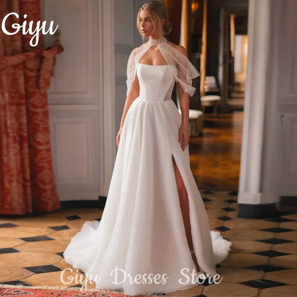 Giyu Gaun Pengantin Putri Tulle Glitter Modern Gaun Pengantin Selendang 2 Potong A Line Gaun Pengantin Lipatan Celah Tinggi Samping 2025