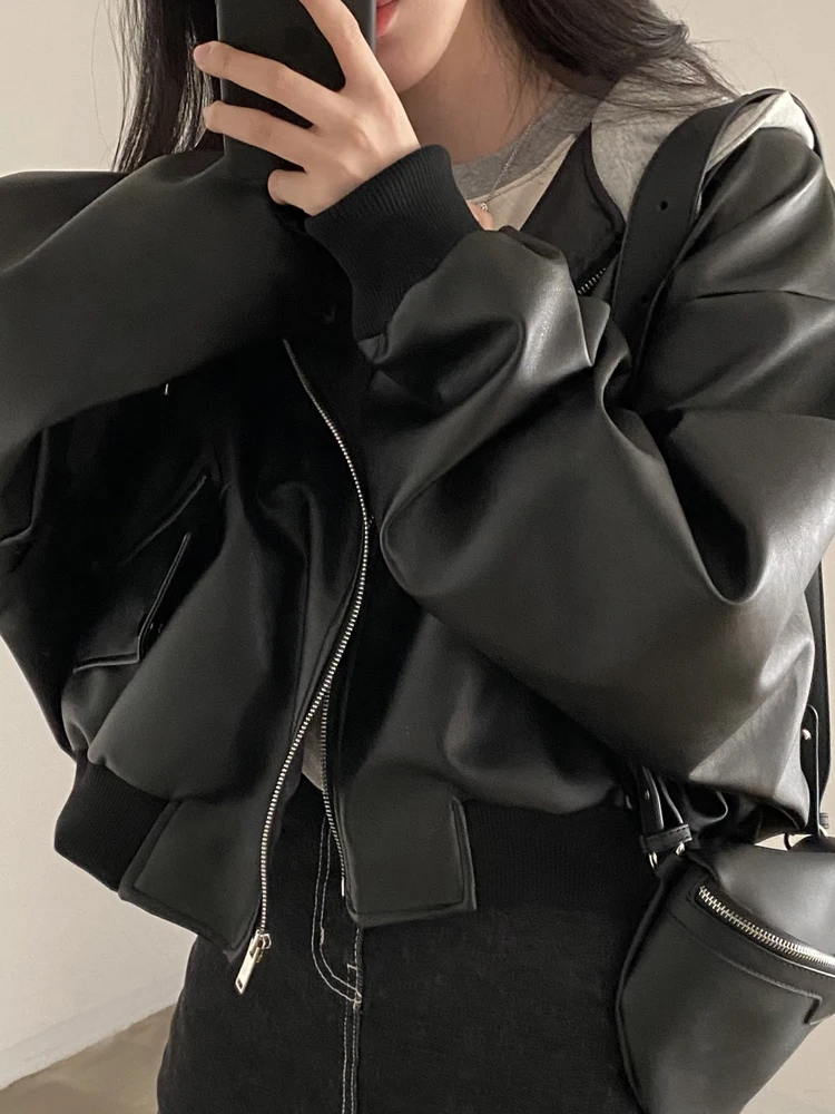 Ele ort PU Leather Jaet Women's Korean Sle Autumn Winter Coat Design Hat Jaet Fem Faionable Slim Fit Top