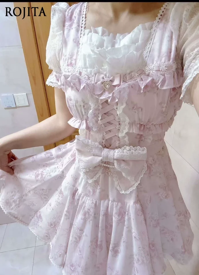 

Sweet Print Japanese Mine High Waist Lolita Short Sleeve Summer Dress for Women Sweet Rose Ribbon Slim Bow Floral Princess Dress