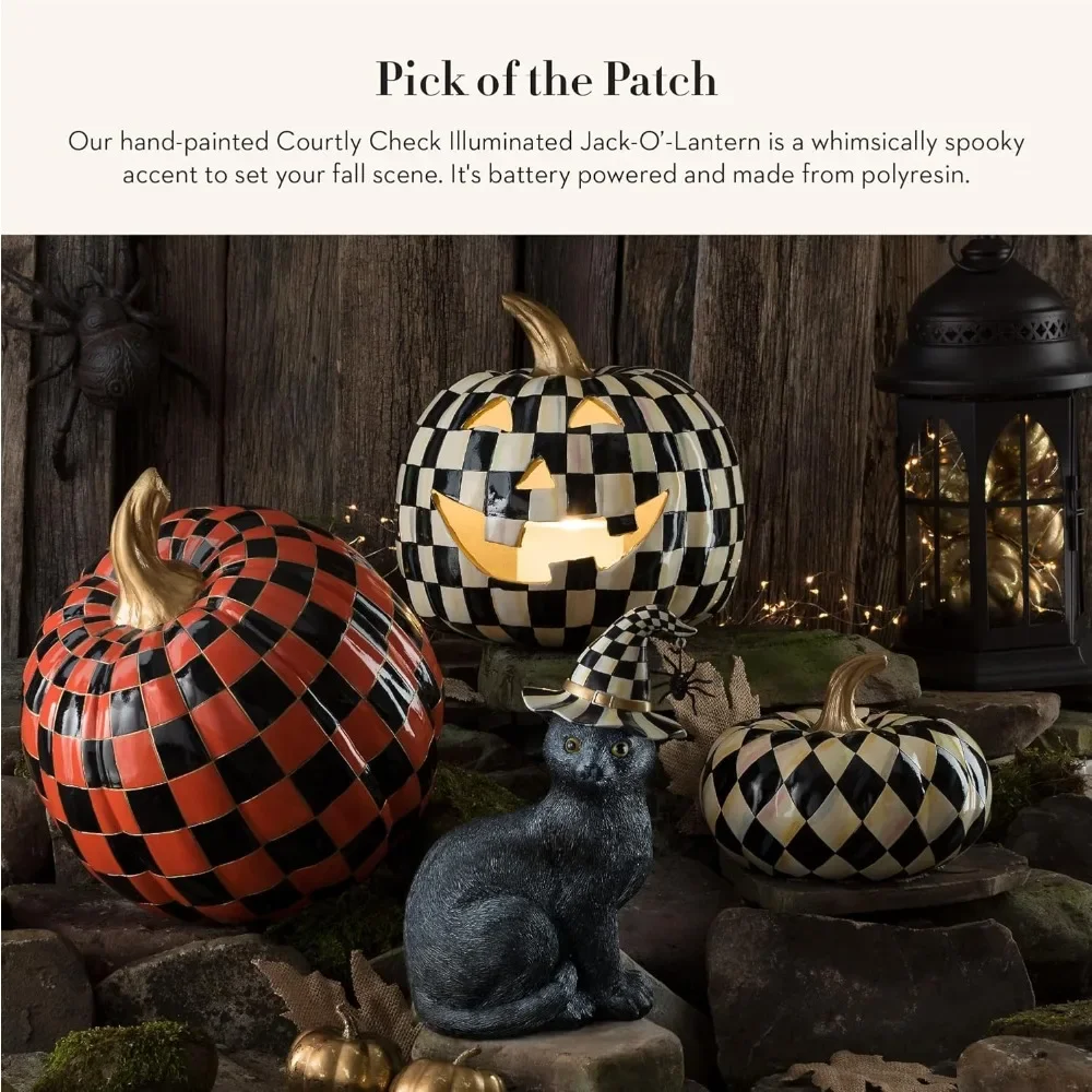 Courtly Check Illuminated Jack-O’-Lantern, Black-and-White Light-Up Pumpkin Decor for Halloween