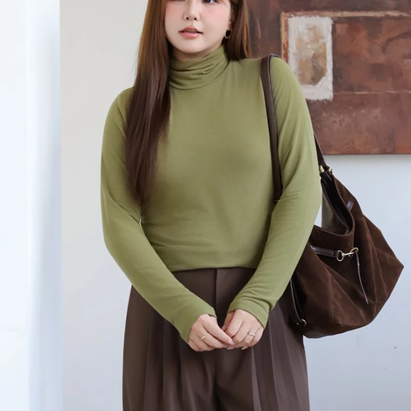 Camiseta XXXL de talla grande a la moda para mujer, camisetas ajustadas de cuello alto de Color sólido Premium, camisetas de manga larga suaves francesas para ir al trabajo 8808