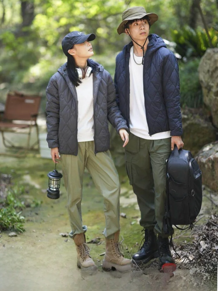 

High-End Silk Fiber Filled Outdoor Lightweight Warm Cotton Jaet with Hat for Autumn Winter Couples Quilted Diamond Pattern