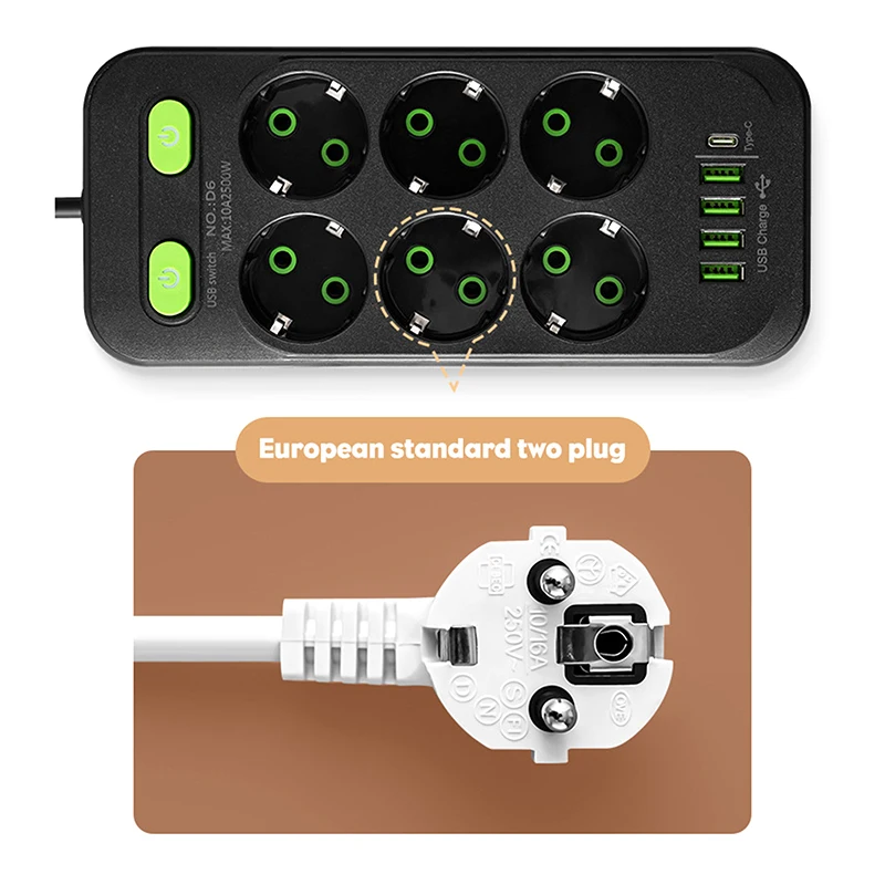 Prolunga di alimentazione con spina UE con cavo da 2 m, presa multipla, ricarica rapida USB-C e adattatore per filtro di rete.