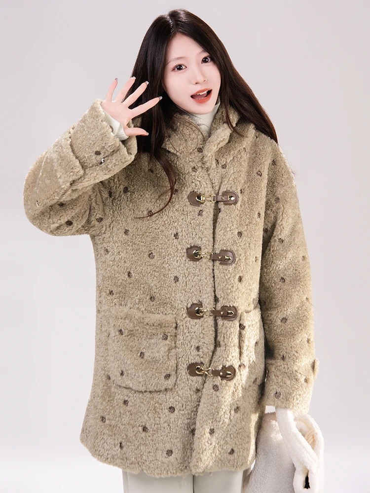 

Adorable Sweet Small Size Middy Length Polka Dot Faux Lamb Fur Coat with Hood for Women Winter Faion Outerwear Coat