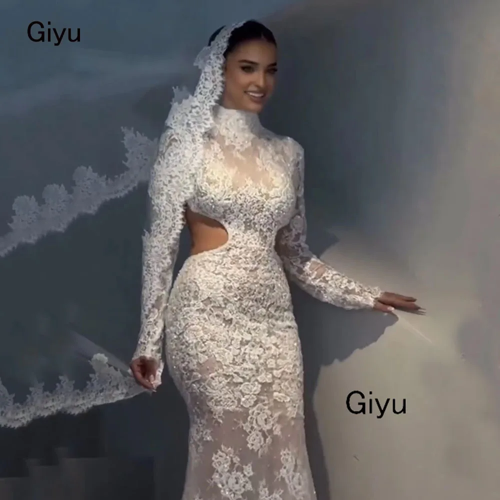 Giyu Exquisite Full Lace Followers Wedding Dress For Woman Leakage Waist Mermaid Trumpet High Neck Vestidos Novias Boda