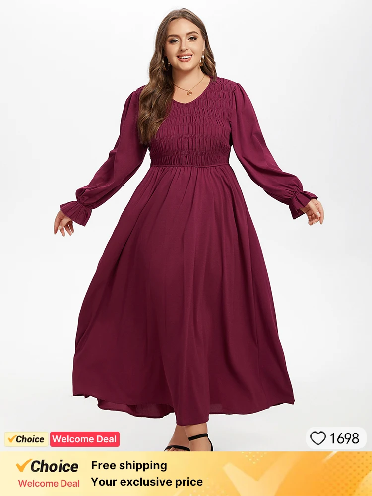 

Plus Sized Clothing Elegant Party Women Long Sleeve V-neck Dress Spring Solid Color Flounce Sleeve Ruffled Shirred Maxi Dress