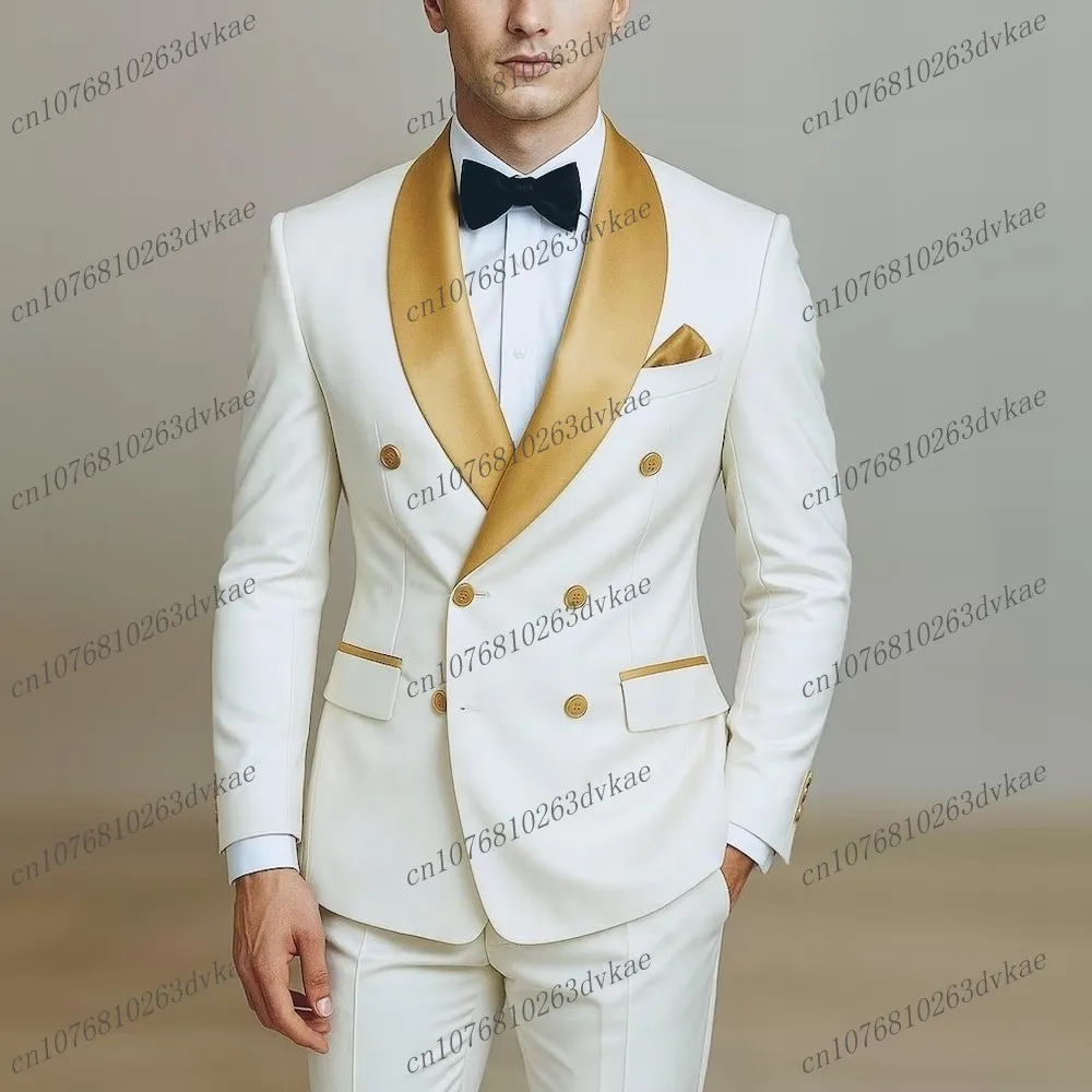 

New Gold Lapel White Business Men Suit Wedding Party Prom Groom Groomsman Formal Occasions Tuxedos 2 Piece Set Blazer Pants