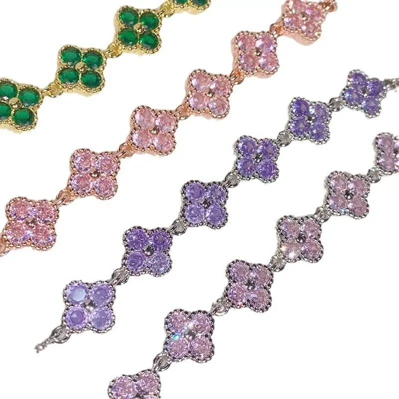 MDLFES مويسانيتي نمط ساكورا جديد البرسيم الملونة الكنز الزركون سوار مطلي 18 كيلو مجموعة صغيرة بسيطة #5