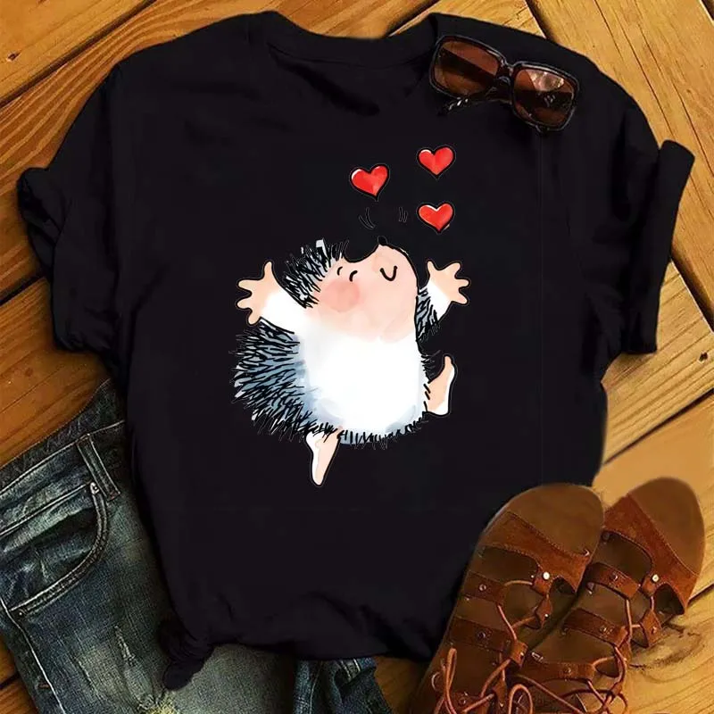 Cute T-shirt Female Hedgehog Dandelion Print Tshirt Summer Casual Short Sleeves Tee Tops Kawaii Women Tshirt Streetwear