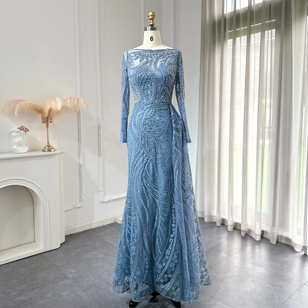 Sharon Said Luxuriöses Blaues Abendkleid mit Boot-Ausschnitt, Langen Ärmeln, Meerjungfrauen-Schnitt, Bodenlang, für Formelle Anlässe und Partys, SS141, Maßanfertigung – Detail 3