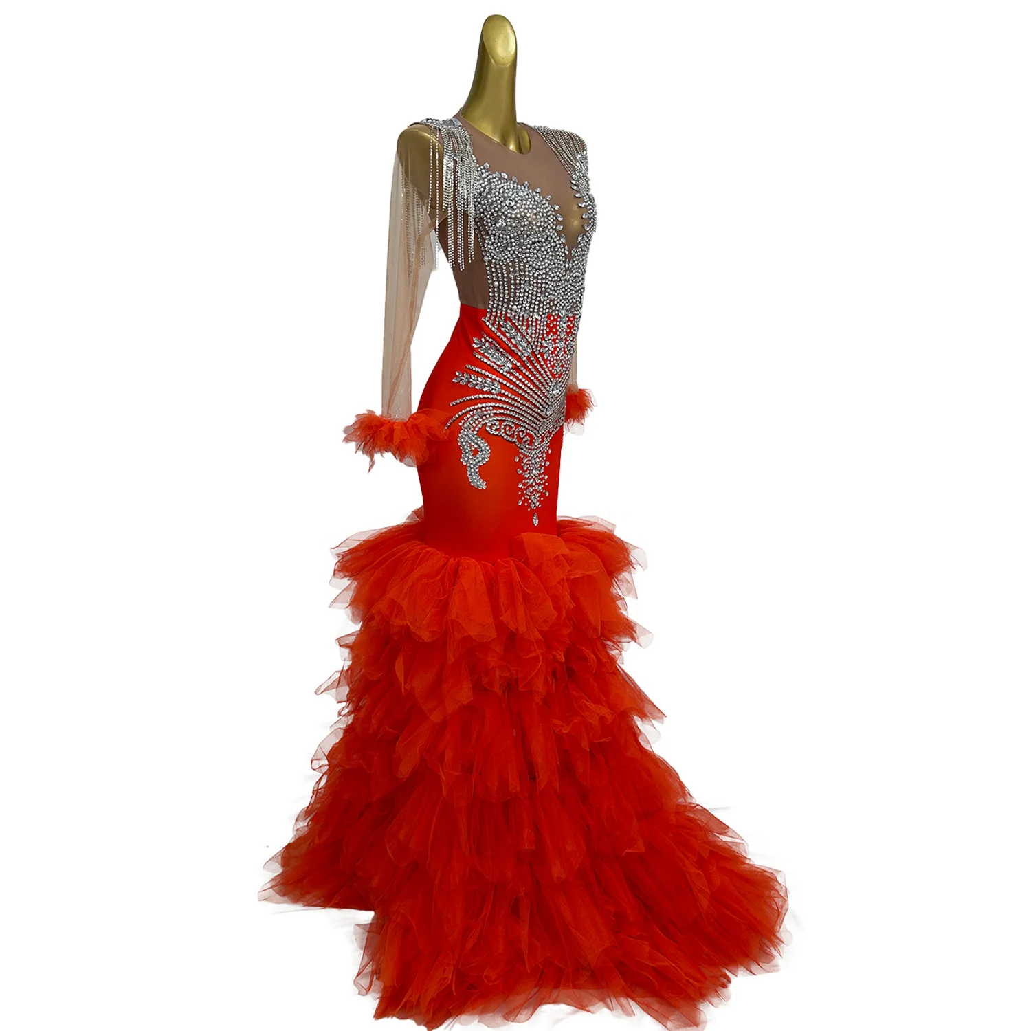 Trending Wedding Dress Orange Prom Dress Fashion Diamond Women Clothing Party Club Rhinestone Bodycon Dress Stage Gowns Saoba