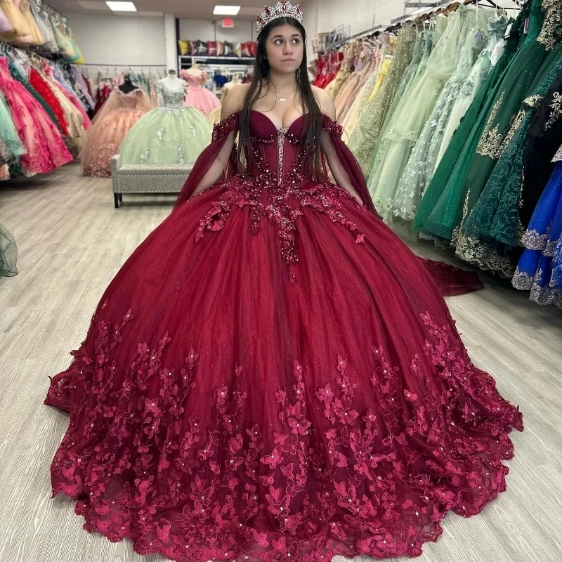 

2024 Red Butterfly Flowers Quinceanera Dresses Detached Cape Ball Gown Appliques Lace Crystal Vestidos De 15 Años