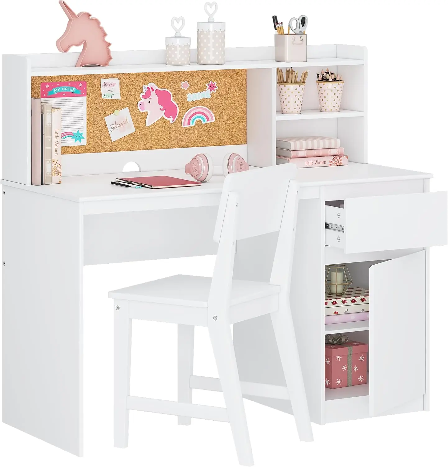 

UTEX Kids Study Desk with Chair, Kids Desk and Chair Sets with Hutch and Storage Cabinet, Wooden Children Study Table, Student