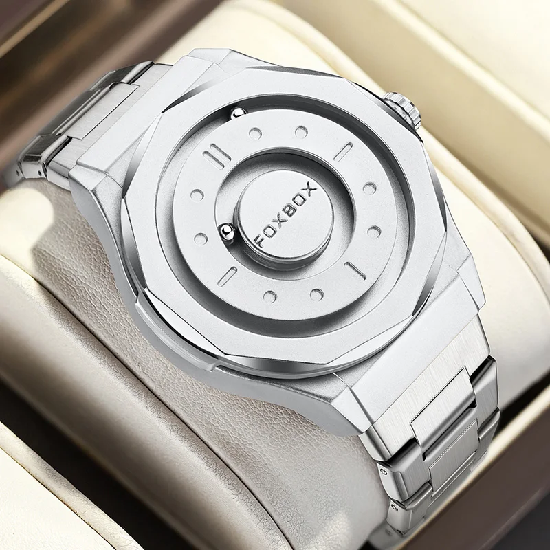 New Original FOXBOX Men Watch Fashion Ball Pointer Dial Design Quartz Wristwatches for Men Stainless Steel Waterproof Watch Men