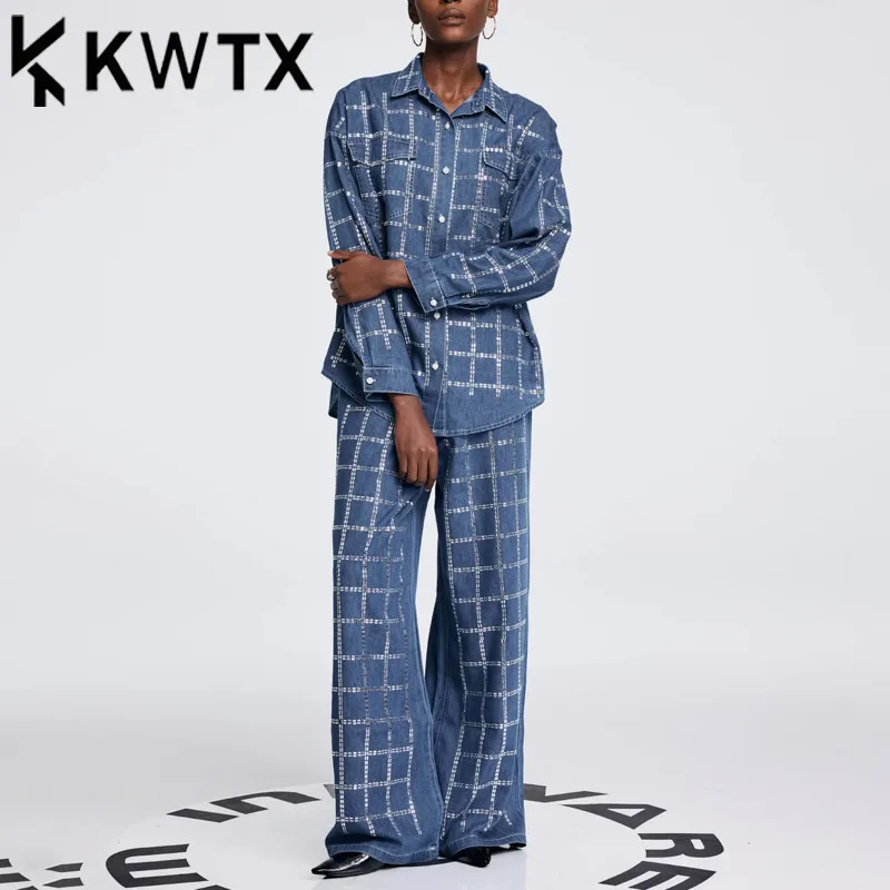 

KWTX 2025 Spring Summer Women’s Denim 2-Piece Set Checkered Shirt & Casual Pants Elegant Luxury Designer Outfit