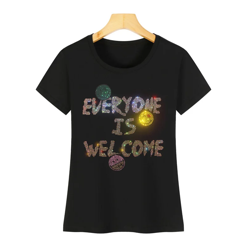 Fashionable women's T-shirt short-sleeved hot diamond letter women's casual T-shirt