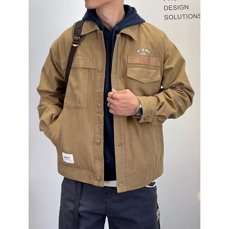 

Весенне-осенняя повседневная рабочая одежда, мужская однобортная куртка с лацканами, модная свободная джинсовая куртка цвета хаки, мужская одежда большого размера